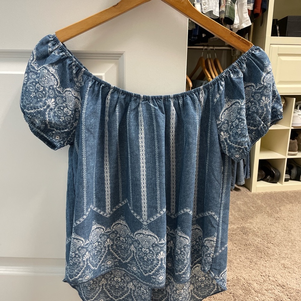 Blue off shoulder blouse, size M